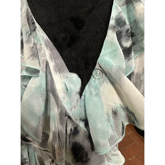 Blair Faux Wrap Dress Watercolor  aqua gray 14P Ruffles Sheer Y2K Coquette Fairy - Picture 8 of 15
